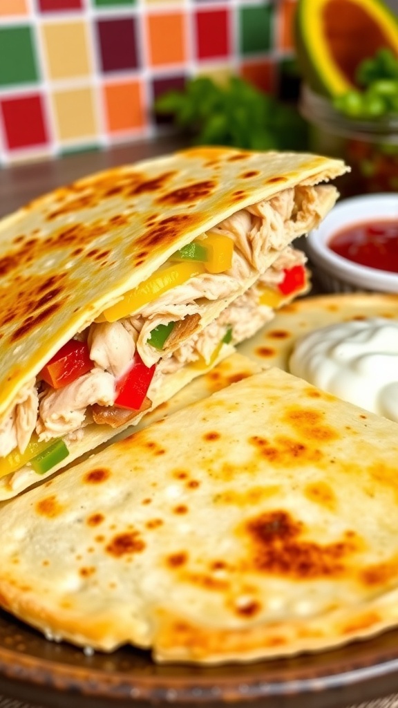 Cheesy chicken quesadilla cut into wedges, served with sour cream and salsa.